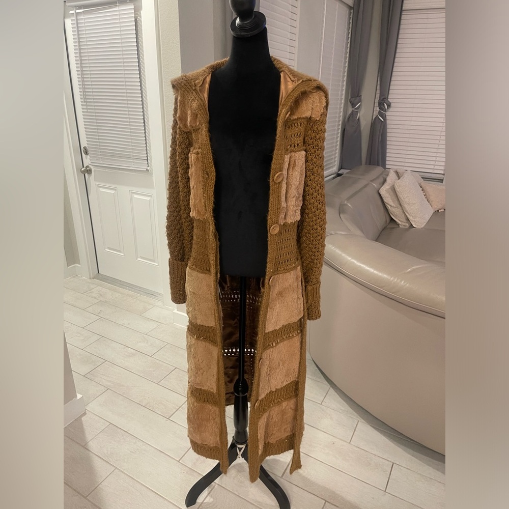RARE Vintage Y2K Lili rose rabbit fur 100% wool knit patchwork boho belted coat - Picture 7 of 13